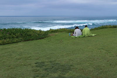 Rear view of couple sitting on field by sea against sky