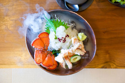 High angle view of food in bowl on table