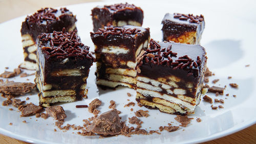 High angle view of chocolate cake in plate