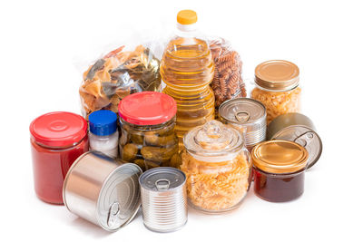 High angle view of containers on white background