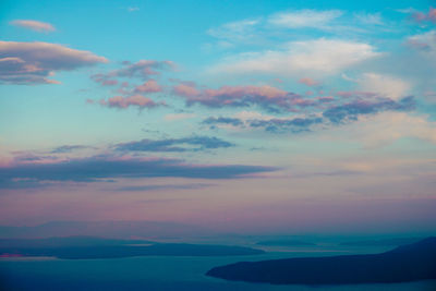 Scenic view of sea against dramatic sky during sunset