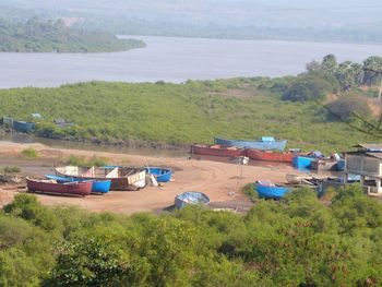 High angle view of boats on land