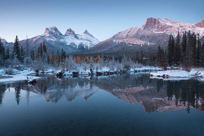 Scenic view of lake and snowcapped mountains against sky