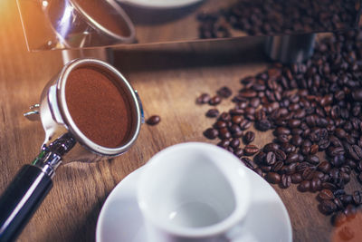 High angle view of coffee cup on table