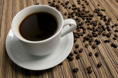 High angle view of coffee cup on table