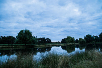 Scenic view of calm lake against cloudy sky