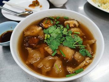 High angle view of soup in bowl on table