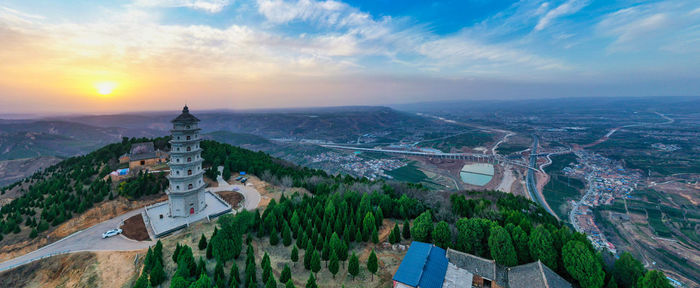 High angle view of townscape against sky during sunset