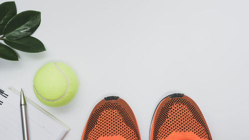 High angle view of various balls on table