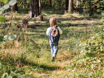 Curious boy is hiking in forest.outdoor leisure activity for kids.child with backpack. 