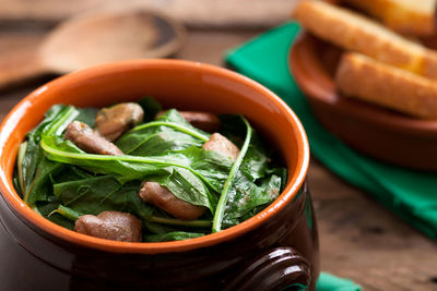 High angle view of salad in bowl on table