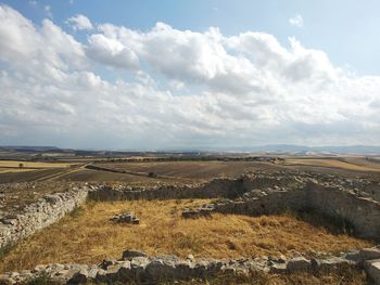 High angle view of land against sky