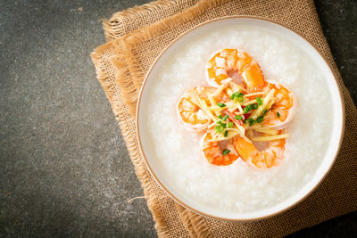 High angle view of noodles in bowl on table