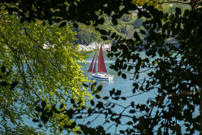 High angle view of sailboat sailing on lake