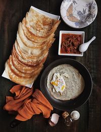 High angle view of breakfast served on table