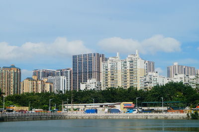 River by buildings against sky in city