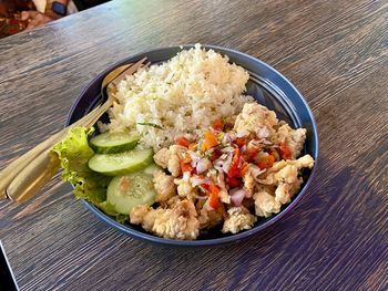 High angle view of food in plate on table