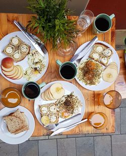 High angle view of breakfast served on table