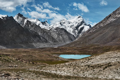 Scenic view of lake and snowcapped mountains against sky