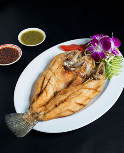 High angle view of meal served on table