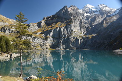 Scenic view of lake and snowcapped mountains