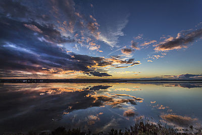Scenic view of lake against sky at sunset