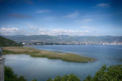 Scenic view of lake against cloudy sky