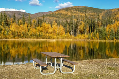 Table and chairs by lake against sky