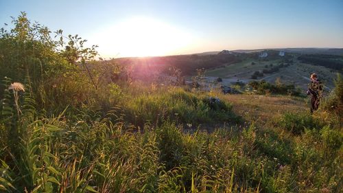 Scenic view of field against clear sky during sunset