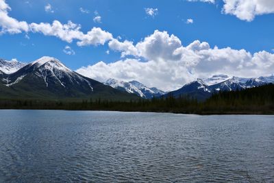 Scenic view of lake by snowcapped mountains against sky