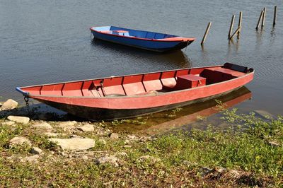 High angle view of boat moored on beach