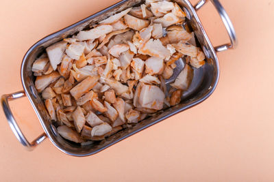 High angle view of bread in glass container