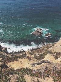 High angle view of rocks on beach