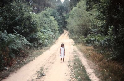 Rear view of man walking on dirt road along trees