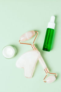 High angle view of bottles on table