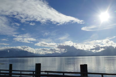 Scenic view of sea and mountains against sky