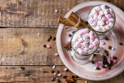 High angle view of marshmallow on drink at table