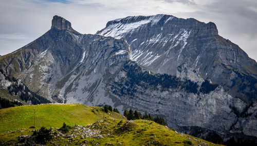 Scenic view of snowcapped mountains against sky