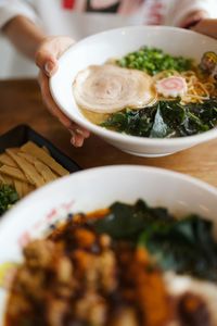 High angle view of ramen served on table