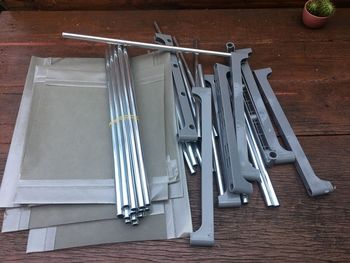 High angle view of chairs on table