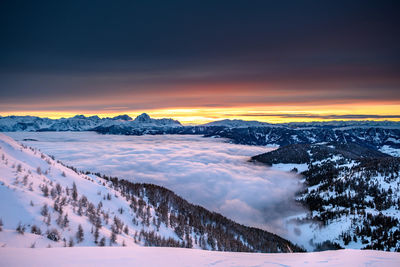 Scenic view of snow covered mountains against sky during sunset