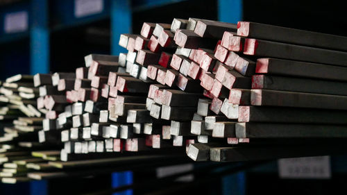 Close-up of multi colored metal in shelves