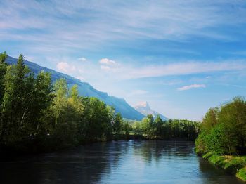 Scenic view of river by trees against sky