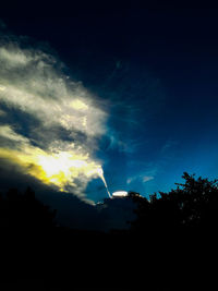 Silhouette of trees against blue sky at night