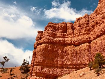 Low angle view of rock formations against cloudy sky