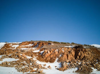 Scenic view of snowcapped landscape against clear blue sky