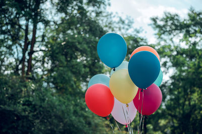 Low angle view of balloons against trees