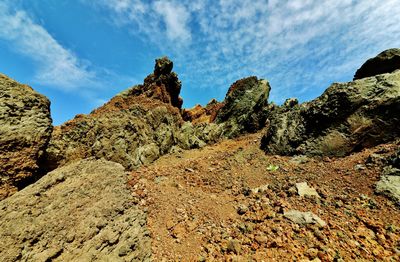 Low angle view of rock formation against sky