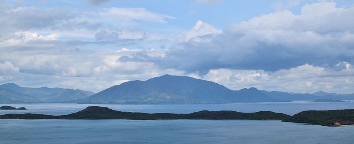 Scenic view of lake against cloudy sky