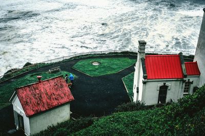 High angle view of lifeguard hut on beach